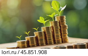 Growing Investments Through Careful Planting of Leaves in Stacks of Coins for Financial Growth and Sustainability. Стоковое AI-видео, аниматор Sergey Grishin / Фотобанк Лори