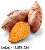 Sweet potatoes showing orange flesh on white background. Стоковое AI-изображение, AI-художник Иван Рябоконь / Фотобанк Лори