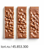 Three chocolate bars covered with puffed rice creating a delightful treat. Стоковое AI-изображение, AI-художник Иван Рябоконь / Фотобанк Лори