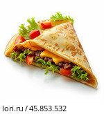 Savory crepe filled with ground beef, melted cheese, and fresh vegetables. Стоковое AI-изображение, AI-художник Иван Рябоконь / Фотобанк Лори
