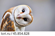 Barn owl tilting head inquisitively with soft feathers. Стоковое AI-изображение, AI-художник Igor Tichonow / Фотобанк Лори