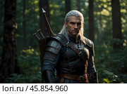 A witcher with weapons and armor on a forest background. Стоковое AI-изображение, AI-художник Александр Поташев / Фотобанк Лори