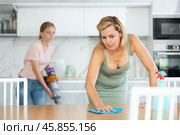 Tidy housewife cleaning apartment together with teenage daughter. Стоковое фото, фотограф Яков Филимонов / Фотобанк Лори