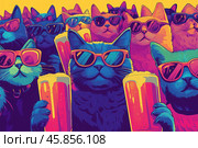 Веселая и немного сумасшедшая компания кошек! Иллюстрация в стиле дудл изобилует яркими красками. Стоковое AI-изображение, AI-художник Ярославский Максим / Фотобанк Лори
