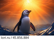 Chinstrap penguin swimming in ocean at sunset with sunbeams. Стоковое AI-изображение, AI-художник Иван Рябоконь / Фотобанк Лори