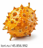 Kiwano fruit showing spikes and orange skin on white background. Стоковое AI-изображение, AI-художник Иван Рябоконь / Фотобанк Лори