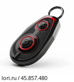 Modern wireless remote control with red buttons and key ring. Стоковое AI-изображение, AI-художник Иван Рябоконь / Фотобанк Лори