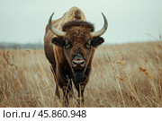 European bison standing in tall dry grass in the wild. Стоковое AI-изображение, AI-художник Иван Рябоконь / Фотобанк Лори