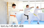 Focused beginner young judo fighter in kimono standing in attacking stance, practicing punches or hand striking techniques as part of kata with group of men. Стоковое видео, видеограф Яков Филимонов / Фотобанк Лори