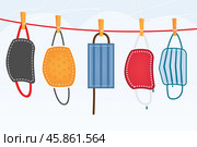 Washed Protective Face Masks Hanging on a Line. Drying Laundered Reusable Masks. Стоковая иллюстрация, иллюстратор Игорь Сорокин / Фотобанк Лори