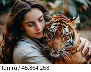 Image portrait of pretty young woman hugging wild tiger. Relationship between man and animals. Wild animals in a natural wildlife habitat. Animal protection, volunteering, nurseries, zoos. Стоковое AI-изображение, AI-художник Анна Сивакова / Фотобанк Лори