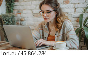 Freelance concept | Young girl working at a coffee shop with a laptop, reading text publication and browsing media content during social networking, caucaisan female freelancer doing distance job. Стоковое AI-изображение, AI-художник Анна Сивакова / Фотобанк Лори