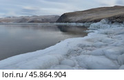 Baikal Lake in December during freeze-up. Video of Olkhon Gate Strait and Olkhon Island in the distance. Icy shore on a frosty day. Scenic landscape. Natural background. Winter travel and outdoors. Стоковое видео, видеограф Виктория Катьянова / Фотобанк Лори