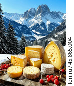 January 20 is World Cheese Lovers Day, a holiday for fans of the incredibly popular dairy product. Cheese varies in shape, appearance, taste, fat content, hardness, composition. Стоковое AI-изображение, AI-художник Сергей Елизарьев / Фотобанк Лори
