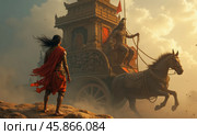 Brahmin Ascends Ladder to Shiva Chariot During Vibrant Festival Celebration in Sacred Temple Grounds. Стоковое AI-изображение, AI-художник Sergey Grishin / Фотобанк Лори