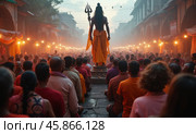 Devotees Gather to Celebrate Maha Shivratri in Haridwar With Vibrant Worship of Lord Shiva Amidst a Spiritual Atmosphere. Стоковое AI-изображение, AI-художник Sergey Grishin / Фотобанк Лори