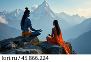 Portrait of Shiva and Parvati Meditating on Mount Kailash Surrounded by Majestic Mountains and a Peaceful Sky. Стоковое AI-изображение, AI-художник Sergey Grishin / Фотобанк Лори