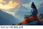 Shiva and Parvati Meditating Peacefully on Mount Kailash During a Breathtaking Sunset in the Himalayas. Стоковое AI-изображение, AI-художник Sergey Grishin / Фотобанк Лори