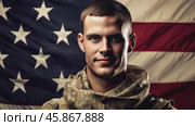 Military man patriot on the background of the flag of the United States of America. President's Day. USA Day. Independence Day of America. Patriotic memorial American composition red style decoration patriotism day abstract minimalism country holiday flag geometry. Стоковое AI-видео, аниматор ALLA YURTAYEVA / Фотобанк Лори
