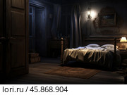 Unmade bed in a dark and gloomy victorian era bedroom. Стоковое AI-изображение, AI-художник Иван Рябоконь / Фотобанк Лори