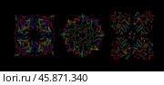 Colorful abstract symmetrical patterns on black background, vibrant neon lines forming intricate geometric shapes, artistic digital design, kaleidoscopic effect, modern art. Стоковое AI-изображение, AI-художник Павел Муравьев / Фотобанк Лори