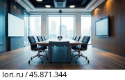 Modern conference room with large windows, city view, long table, black chairs, wooden floor, ceiling lights, and presentation screen. Стоковое фото, фотограф Павел Муравьев / Фотобанк Лори