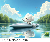 Мультяшное облачко на каяке плывет по озеру, Веселое облако наслаждается каякингом, Облачко-каякер в живописном пейзаже, Летнее приключение облачка на воде, Радостное облачко на каноэ, Облачко гребет веслом по озерной глади, Персонаж-облако занимается водным спортом, Беззаботное катание на каяке, Облачко исследует озеро на лодке, Летний отдых на воде с мультяшным облачком, Белая рука-курсор направляет каяк, Кувшинки и птицы на озере с облачком. Стоковое AI-изображение, AI-художник Сергей Расторгуев / Фотобанк Лори