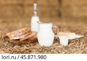 Milk in a jug, slices of wheat bread and butter on hay. Стоковое фото, фотограф Татьяна Яцевич / Фотобанк Лори