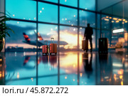 Зал вылета-прилета в аэропорту, размытое изображение, в фокусе два чемодана. Стоковое AI-изображение, AI-художник Римма Тельнова / Фотобанк Лори