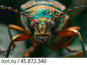Frog legged leaf beetle showing its metallic green and gold colors. Стоковое AI-изображение, AI-художник Иван Рябоконь / Фотобанк Лори