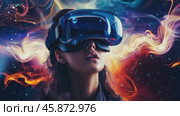 Happy smiling woman in futuristic style virtual reality headset. In low poly style, showing intelligent AI model with accurate wireframe design. Стоковое AI-видео, аниматор ALLA YURTAYEVA / Фотобанк Лори