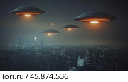 Unidentified flying objects hover over a city buildings skyline at night. Стоковое AI-изображение, AI-художник Михаил Коханчиков / Фотобанк Лори