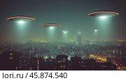 Unidentified flying objects hover over a city buildings skyline at night. Стоковое AI-изображение, AI-художник Михаил Коханчиков / Фотобанк Лори