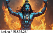 Shiva Performs the Tandava Dance Amidst Blazing Flames With a Blue Neck and Crescent Moon on His Forehead. Стоковое AI-видео, аниматор Sergey Grishin / Фотобанк Лори