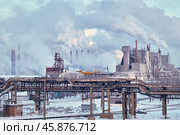 Металлургический завод зимой с дымами. Стоковое фото, фотограф Сергей Яблоков / Фотобанк Лори