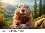 Marmot smiling and leaning on rock in mountain landscape. Стоковое AI-изображение, AI-художник Иван Рябоконь / Фотобанк Лори
