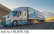 Modern semi truck driving on scenic highway. Стоковое AI-видео, аниматор Юрий Поздников / Фотобанк Лори
