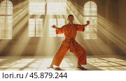 Martial artist performing pencak silat in sunlit room. Стоковое AI-видео, аниматор Юрий Поздников / Фотобанк Лори