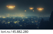 Unidentified flying objects hover over a city buildings skyline at night. Стоковое AI-изображение, AI-художник Михаил Коханчиков / Фотобанк Лори
