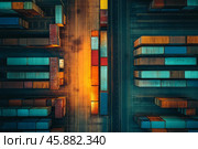 Cargo vessels and containers at a busy port with cranes in action. Стоковое AI-изображение, AI-художник Михаил Коханчиков / Фотобанк Лори