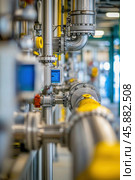 Industrial pipes and valves controlling flow in modern factory. Стоковое AI-изображение, AI-художник Юрий Поздников / Фотобанк Лори
