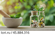 Homeopathic granules, natural organic essence and healing herbs on a wooden tray. Alternative medicine and homeopathy. Bottle with eco aroma oil, small crystal bio pills globules. Copy space for text. Стоковое AI-видео, аниматор Марина Демидюк / Фотобанк Лори