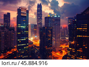 Illuminated skyscrapers dominating the shenzhen skyline at dusk. Стоковое AI-изображение, AI-художник Иван Рябоконь / Фотобанк Лори