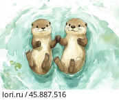 Причудливая акварельная иллюстрация игривой пары выдр в воде, отражающая весеннюю радость. Стоковое AI-изображение, AI-художник ФотоИнтеллект / Фотобанк Лори