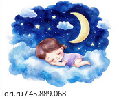 Мечтательная акварельная иллюстрация ребенка, спящего на облаке с луной и звездами, для декора детской комнаты. Стоковое AI-изображение, AI-художник ФотоИнтеллект / Фотобанк Лори
