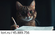 Очаровательный кот в очках держит ручку с блокнотом. Стоковое AI-изображение, AI-художник ФотоИнтеллект / Фотобанк Лори