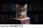 Очаровательный кот читает книгу в стильных очках в уютной обстановке библиотеки. Стоковое AI-изображение, AI-художник ФотоИнтеллект / Фотобанк Лори