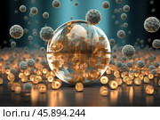 Transparent sphere protecting golden nanobots from virus attack. Стоковое AI-изображение, AI-художник Иван Рябоконь / Фотобанк Лори
