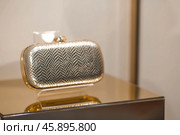 An elegant high-end store showcase with a gold evening clutch bag and evening lighting. The concept of shopping and sales. Стоковое фото, фотограф Photojuli / Фотобанк Лори