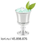 Mint Julep cocktail, icy silver cup, lush mint bouquet, amber bourbon, beads of moisture, Kentucky Derby sophistication. Стоковое AI-изображение, AI-художник svetograph / Фотобанк Лори